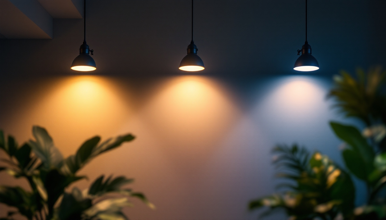 A photograph of a well-lit interior space featuring three strategically placed pot lights