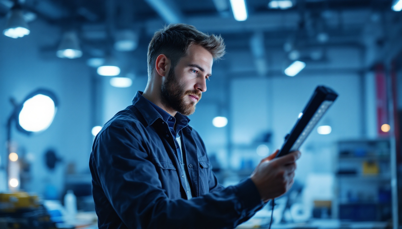 A photograph of a skilled electrical engineer examining a modern led lighting setup in a well-lit workspace