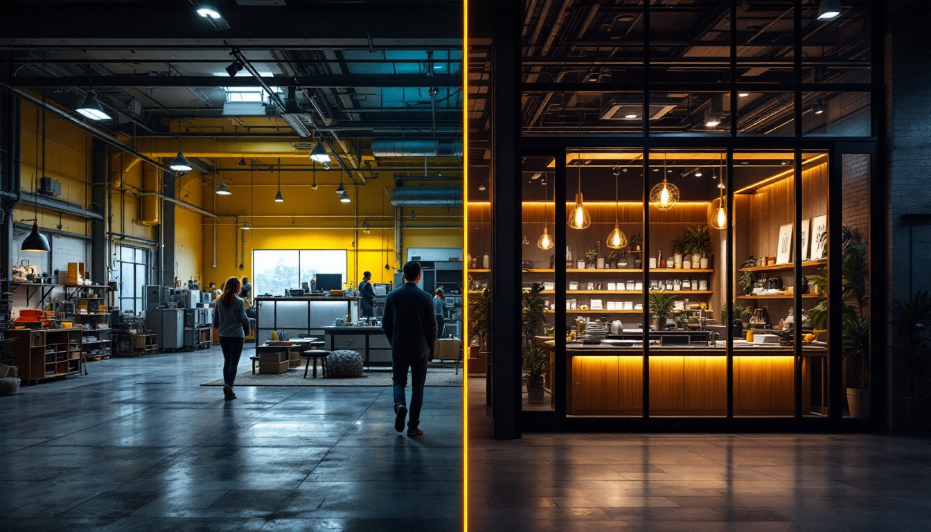 A photograph of a contrasting scene that showcases both industrial and commercial lighting environments