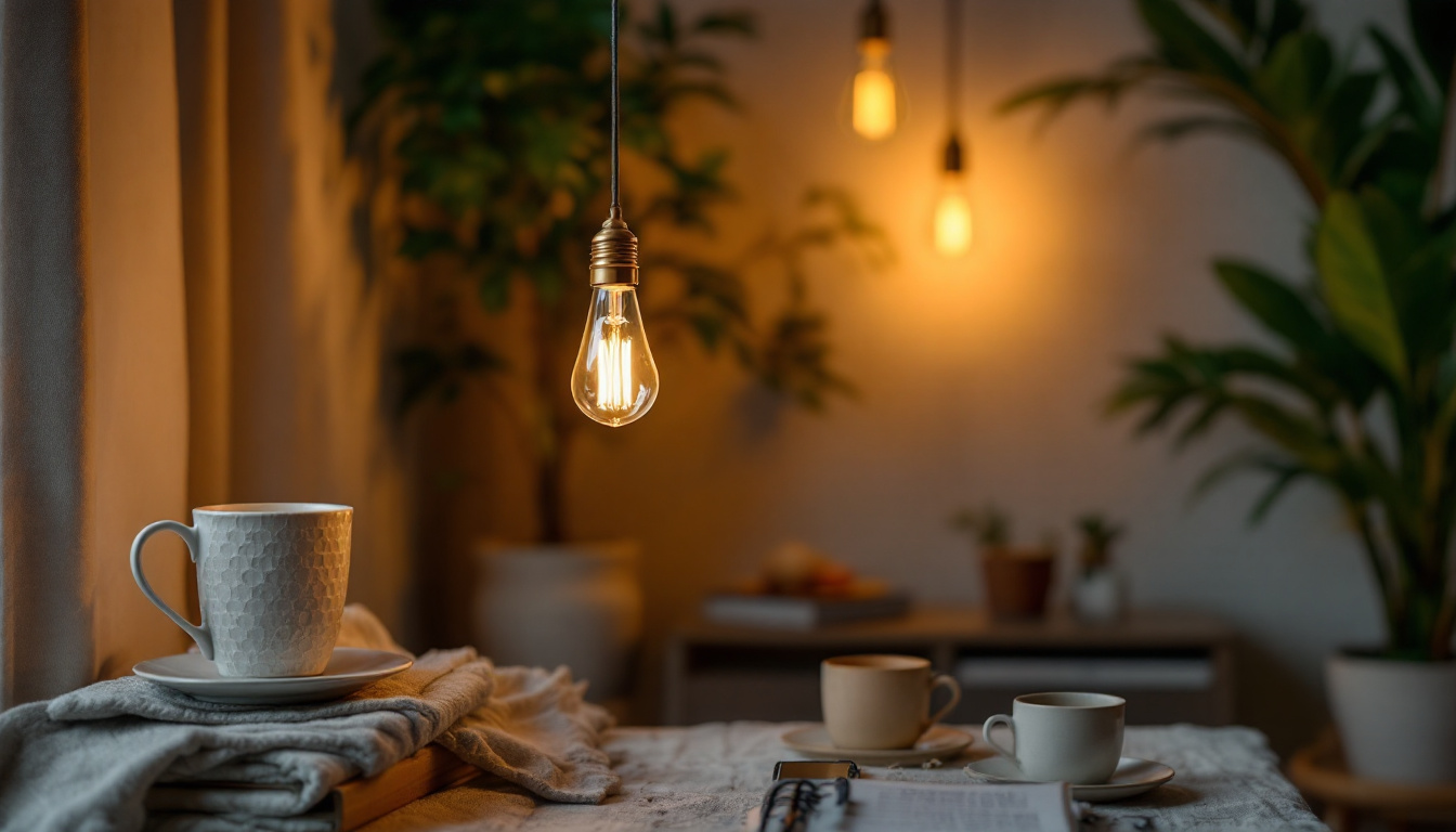 A photograph of a beautifully styled interior space featuring a vintage led bulb illuminating a cozy corner