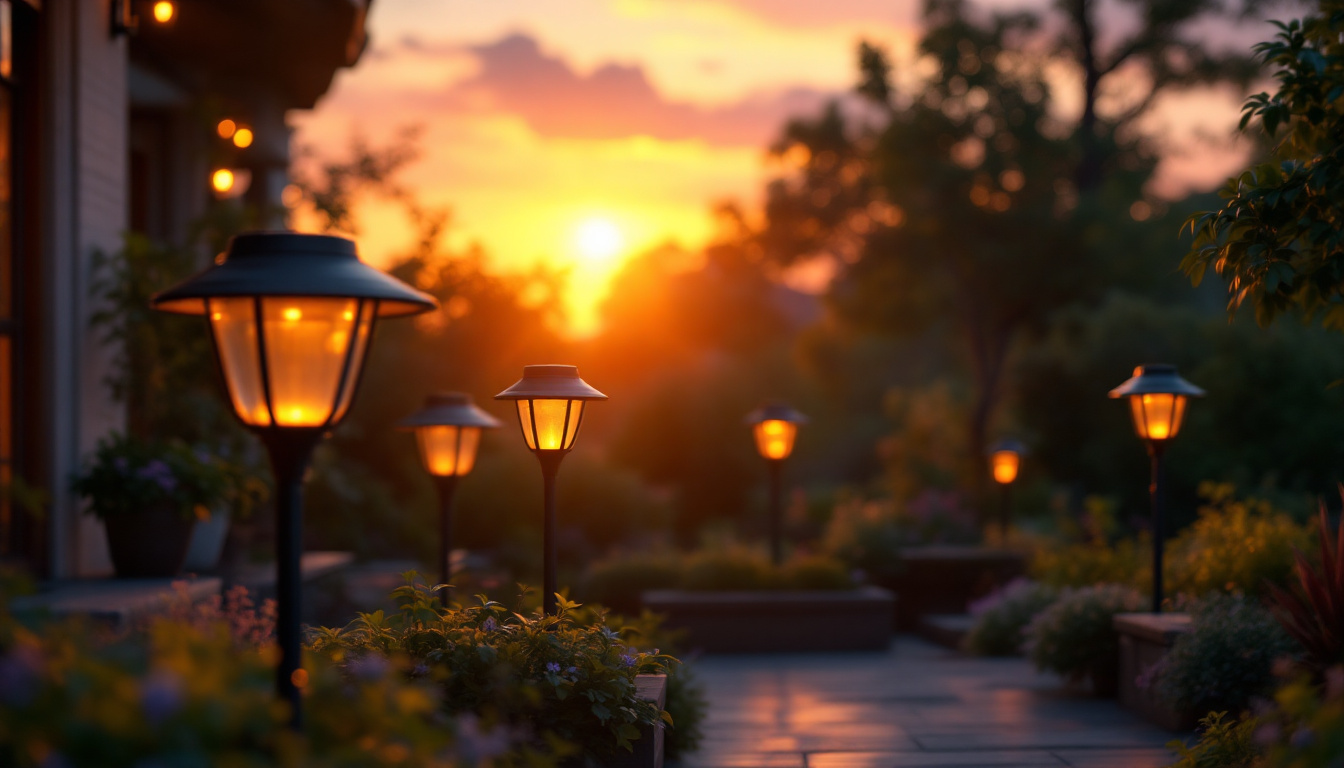 A photograph of capture a photograph of a beautifully lit outdoor space featuring various solar lamps in use during twilight