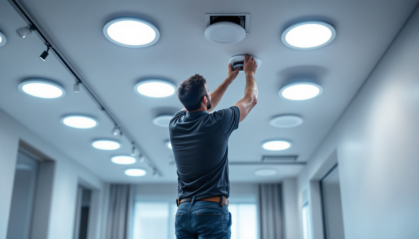 A photograph of a well-lit interior space showcasing recessed lighting canisters in various stages of installation