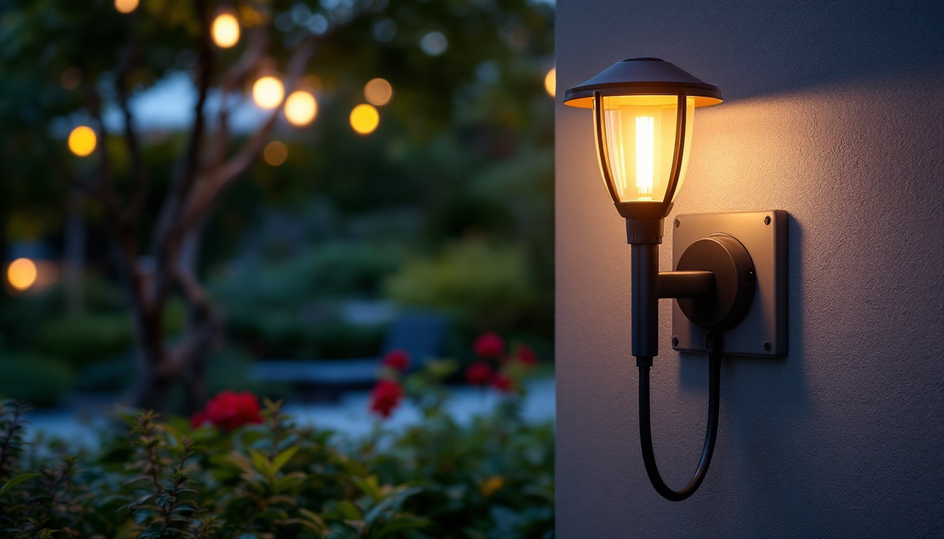 A photograph of a stylish outdoor lighting fixture equipped with an electrical outlet