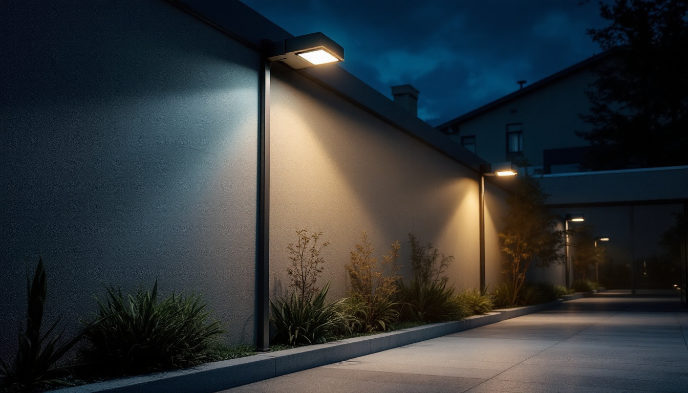 A photograph of capture a photograph of a well-lit outdoor area featuring large-scale light fixtures with motion detectors