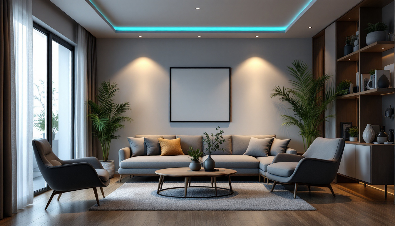 A photograph of capture a photograph of a well-lit modern living space featuring stylish retrofit led recessed lighting