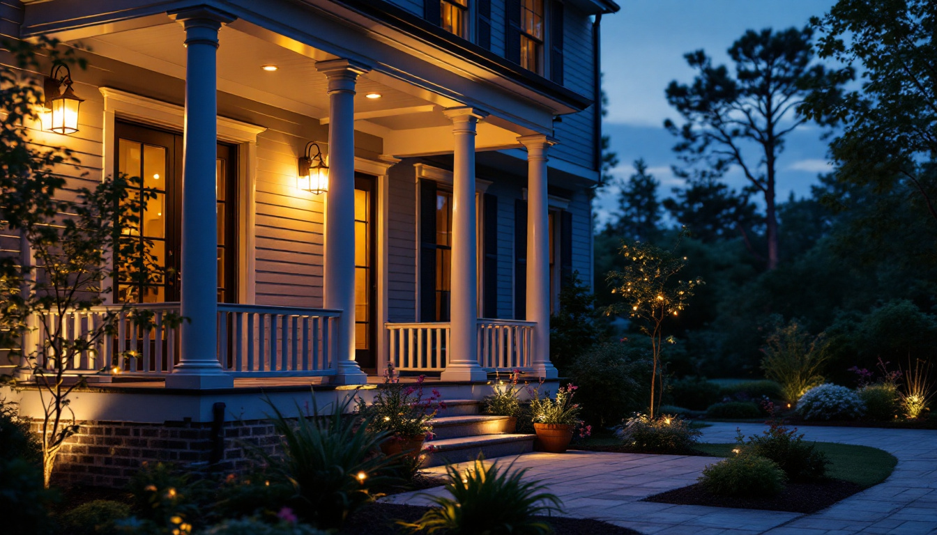 A photograph of a beautifully illuminated porch at dusk
