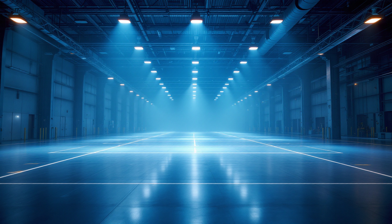 A photograph of a well-lit industrial or commercial space showcasing led high bay lights in action