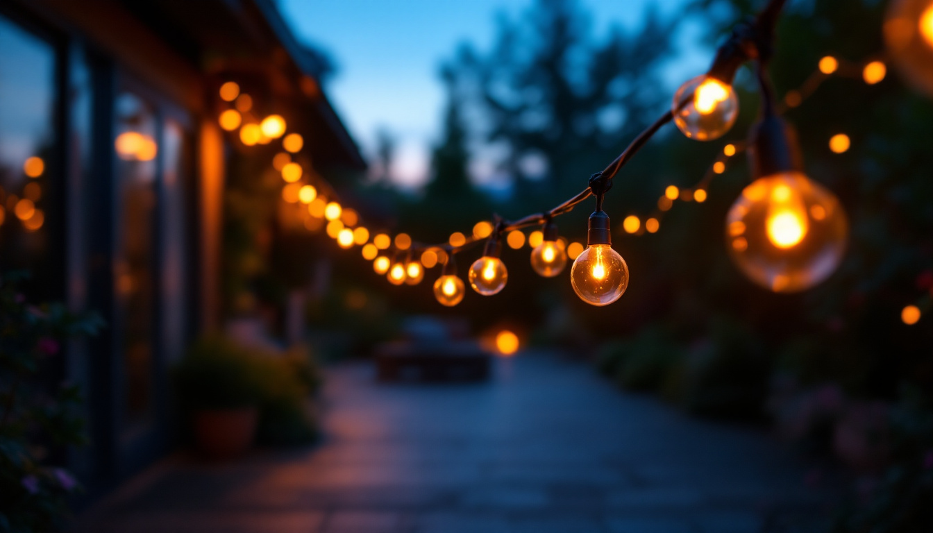 A photograph of a beautifully illuminated outdoor space featuring a string of led lights