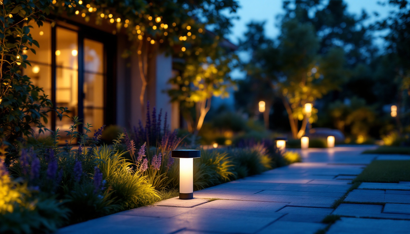 A photograph of a beautifully illuminated outdoor space featuring modern solar-powered lighting fixtures