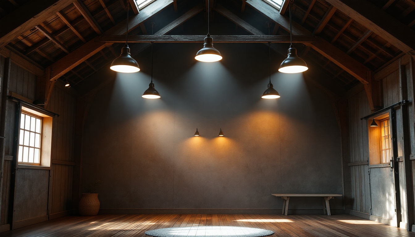 A photograph of a beautifully designed barn interior showcasing various lighting fixtures