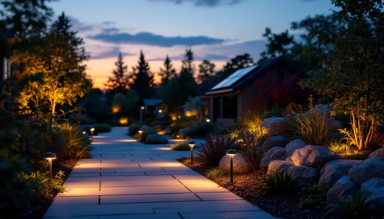A photograph of a beautifully landscaped garden illuminated by various styles of solar led lights at dusk