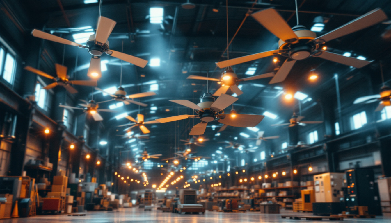 A photograph of a spacious warehouse interior showcasing large industrial ceiling fans in motion