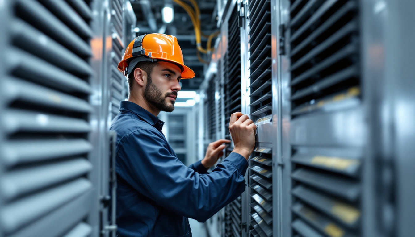 A photograph of a skilled electrical engineer working with louvers in a modern facility
