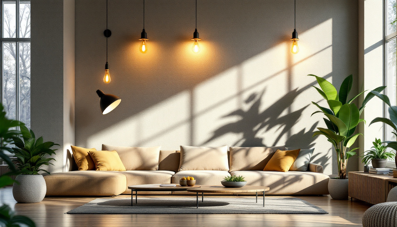 A photograph of a well-lit interior space showcasing various lighting fixtures