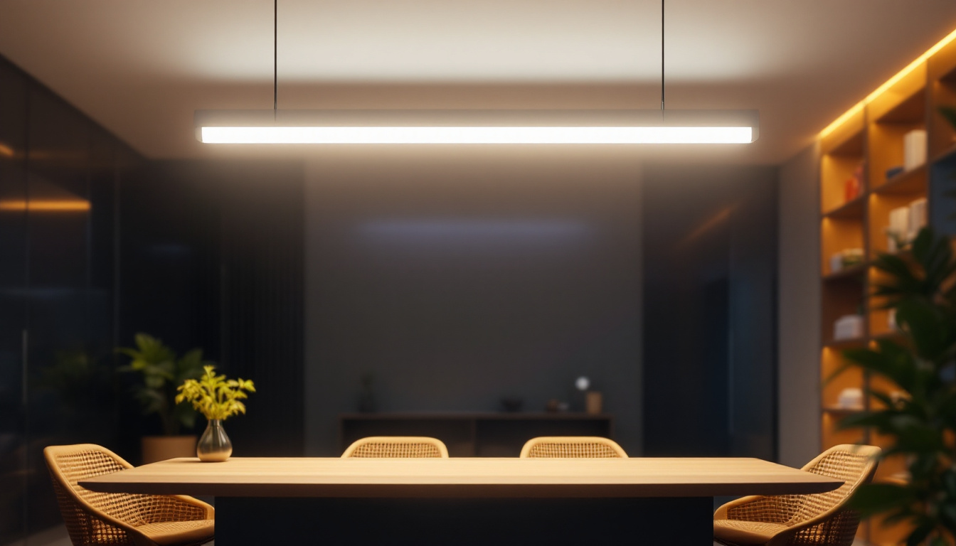 A photograph of a modern fluorescent light fixture in a stylish interior setting