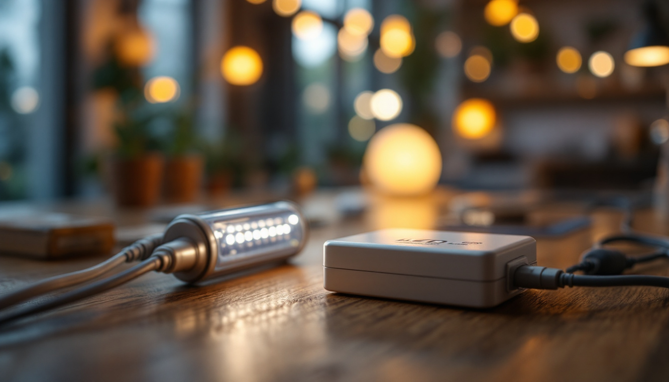 A photograph of a close-up shot of an led driver alongside various led lights in a well-lit