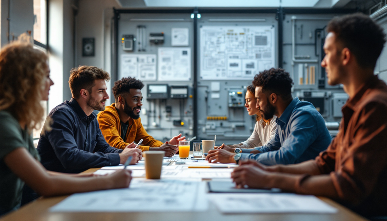 A photograph of a collaborative meeting between electrical engineers and industry experts
