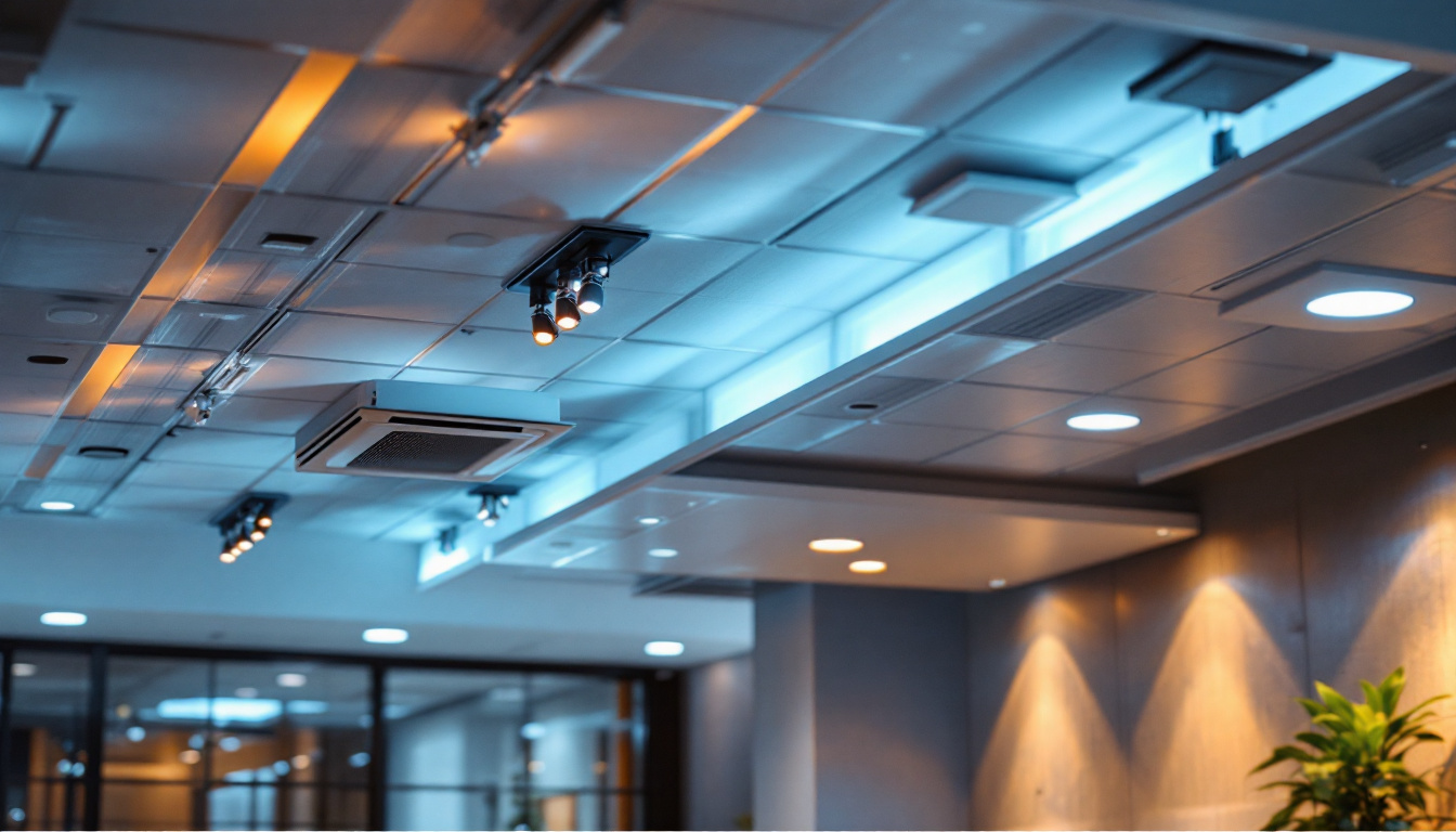 A photograph of a well-lit drop ceiling installation in a modern interior space