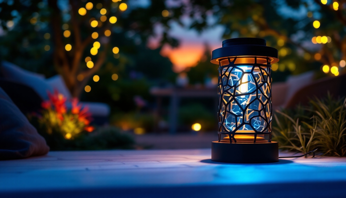 A photograph of a beautifully designed outdoor electric lantern in use during twilight