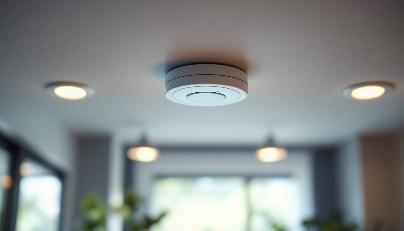 A photograph of a ceiling-mounted motion detector in a modern