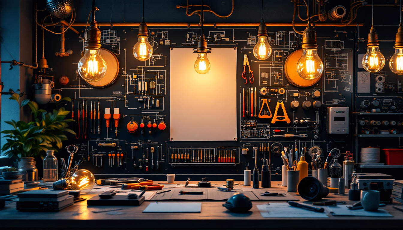 A photograph of a well-lit workspace featuring a variety of 4ft light bulbs