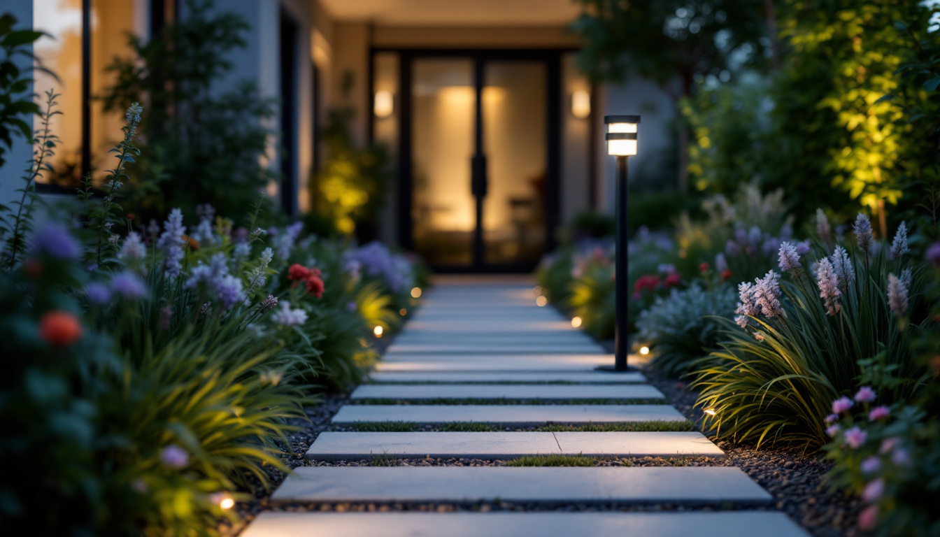 A photograph of a modern outdoor setting featuring a stylish motion sensor light in action