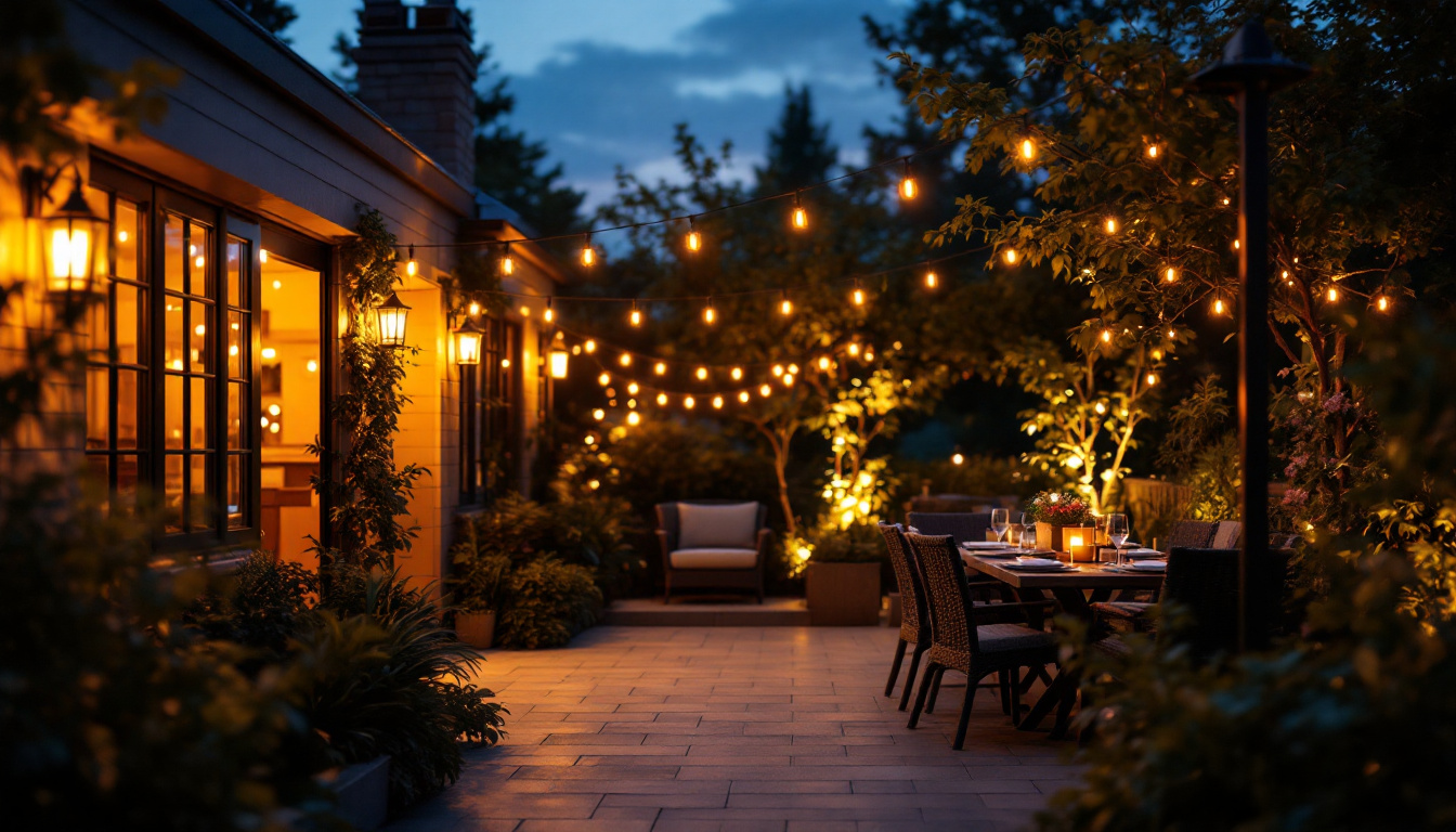 A photograph of a beautifully illuminated outdoor patio scene at dusk