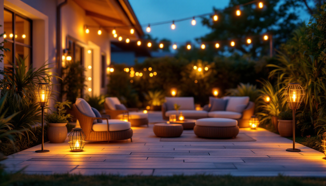 A photograph of capture a photograph of a beautifully illuminated patio at dusk