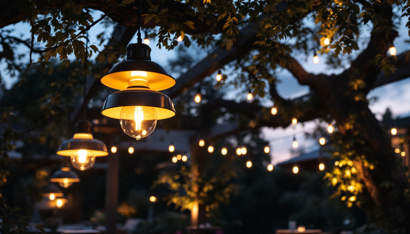 A photograph of a beautifully designed outdoor space featuring large hanging light fixtures