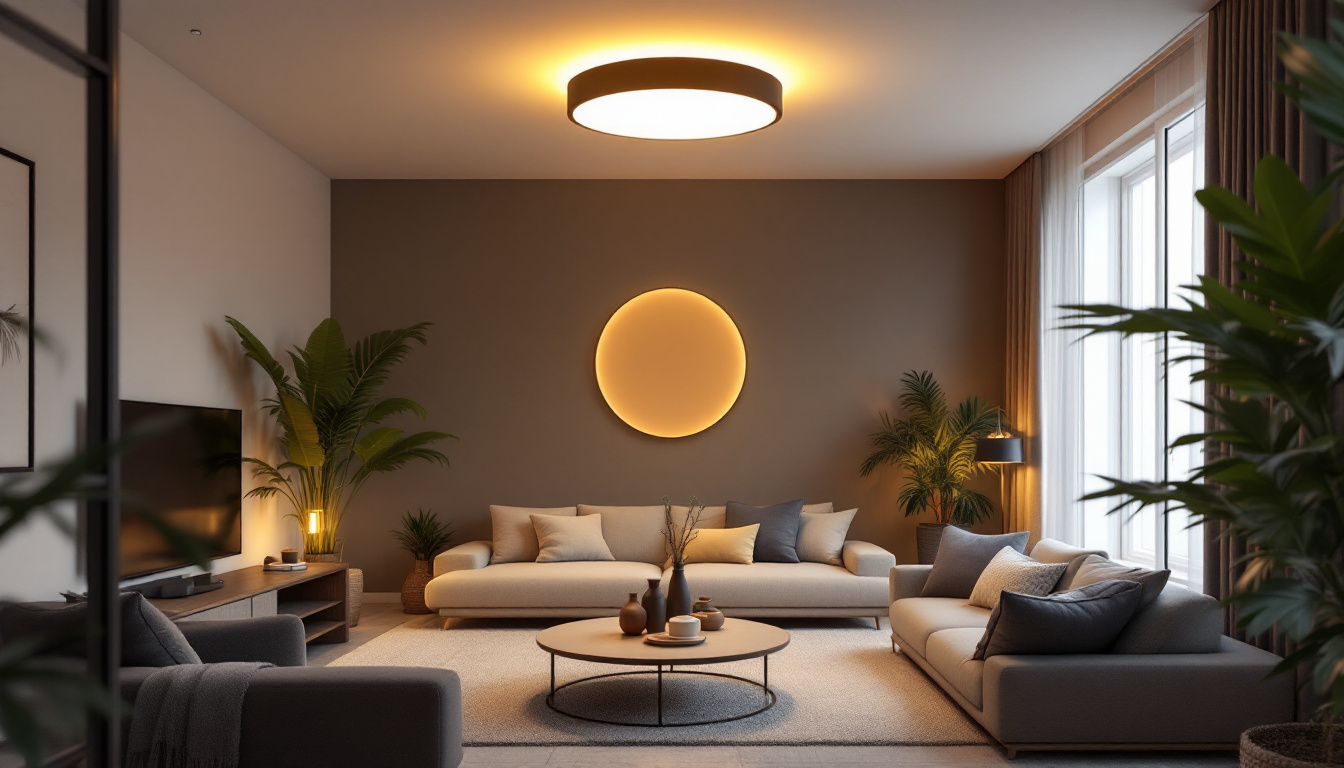 A photograph of a stylishly designed led flush mount light fixture installed in a modern interior setting