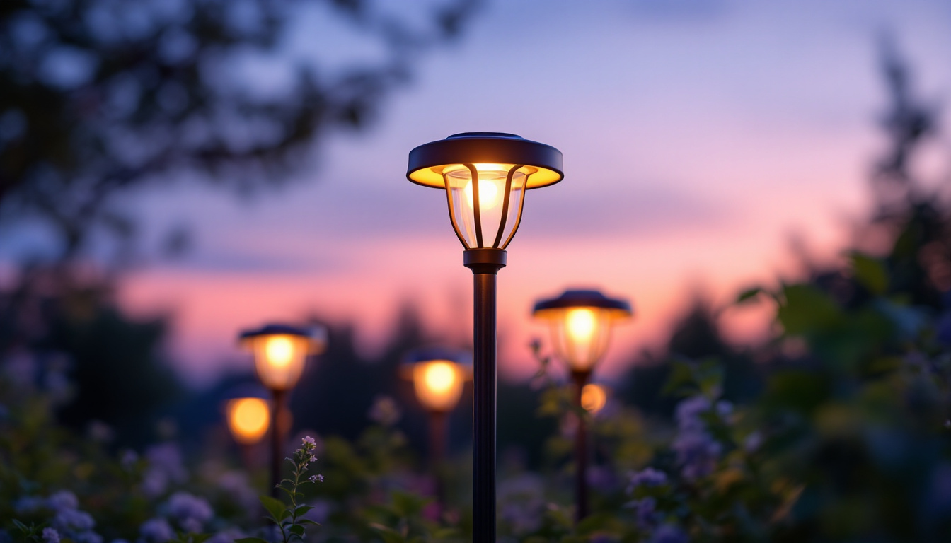 A photograph of a beautifully illuminated garden scene at dusk featuring solar led garden lamps