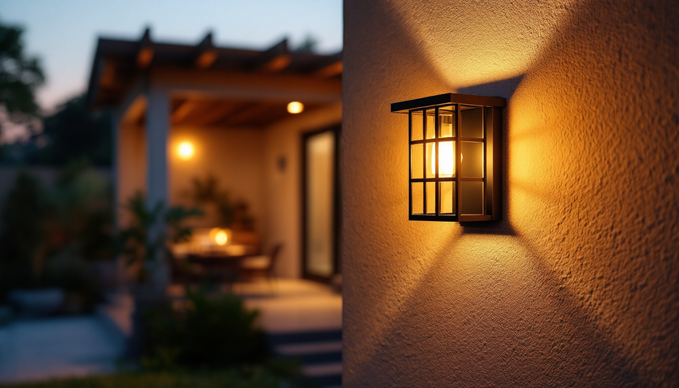 A photograph of a beautifully designed outdoor wall mount light illuminating a cozy patio or entryway at dusk