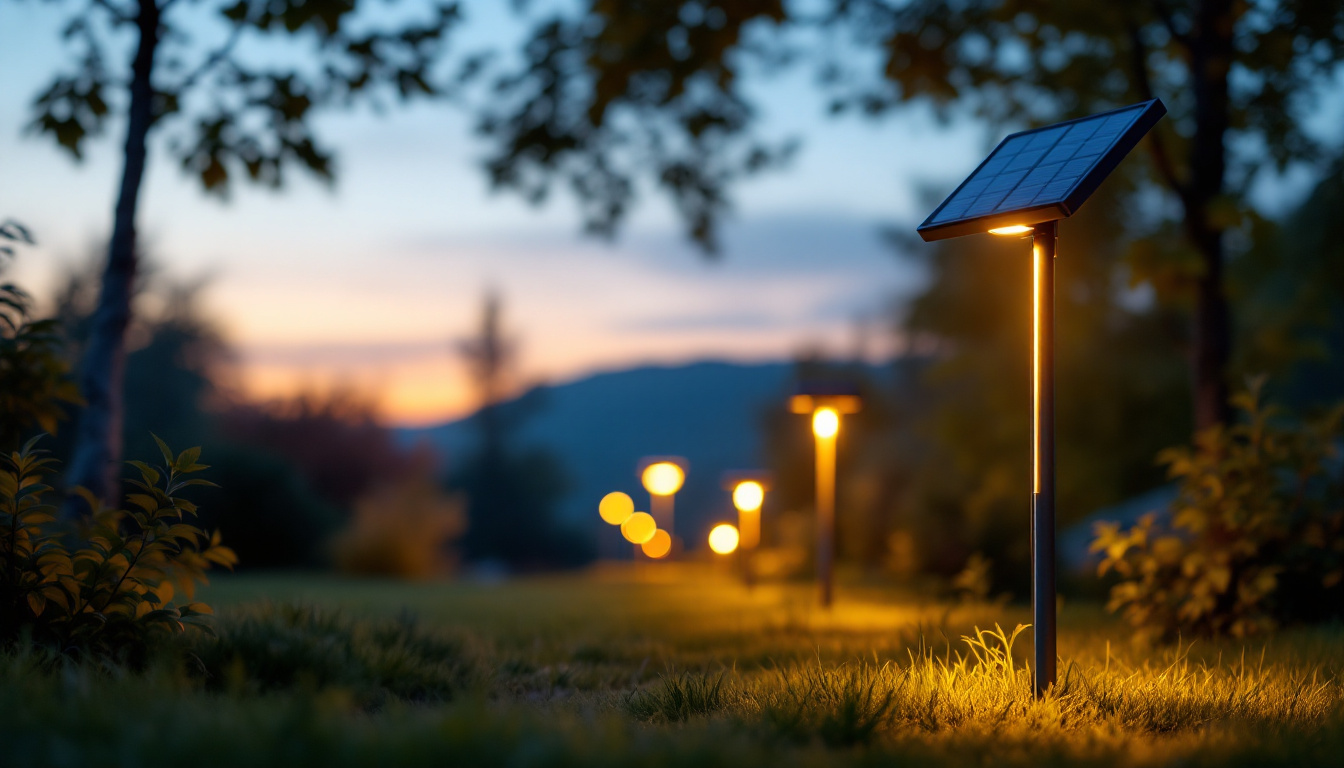 A photograph of a beautifully illuminated outdoor space featuring solar-powered lights in action at dusk