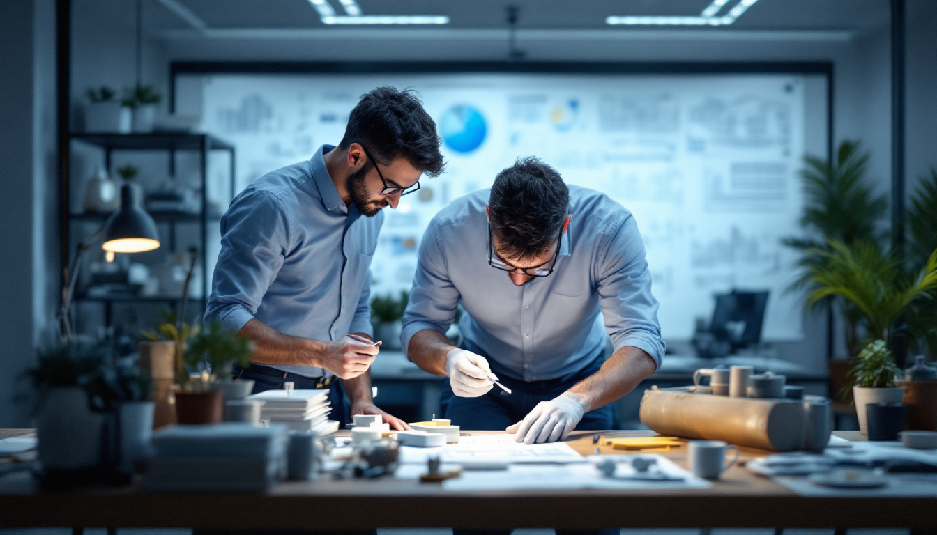 A photograph of a well-lit workspace featuring engineers examining various led lights and components