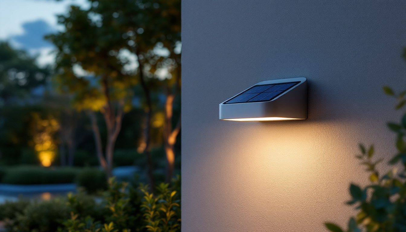 A photograph of a sleek wall-mounted solar lamp illuminating a beautifully landscaped outdoor space at dusk