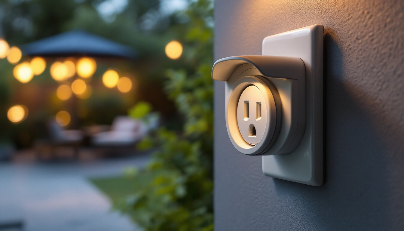 A photograph of a well-designed outdoor plug cover installed on a weatherproof electrical outlet