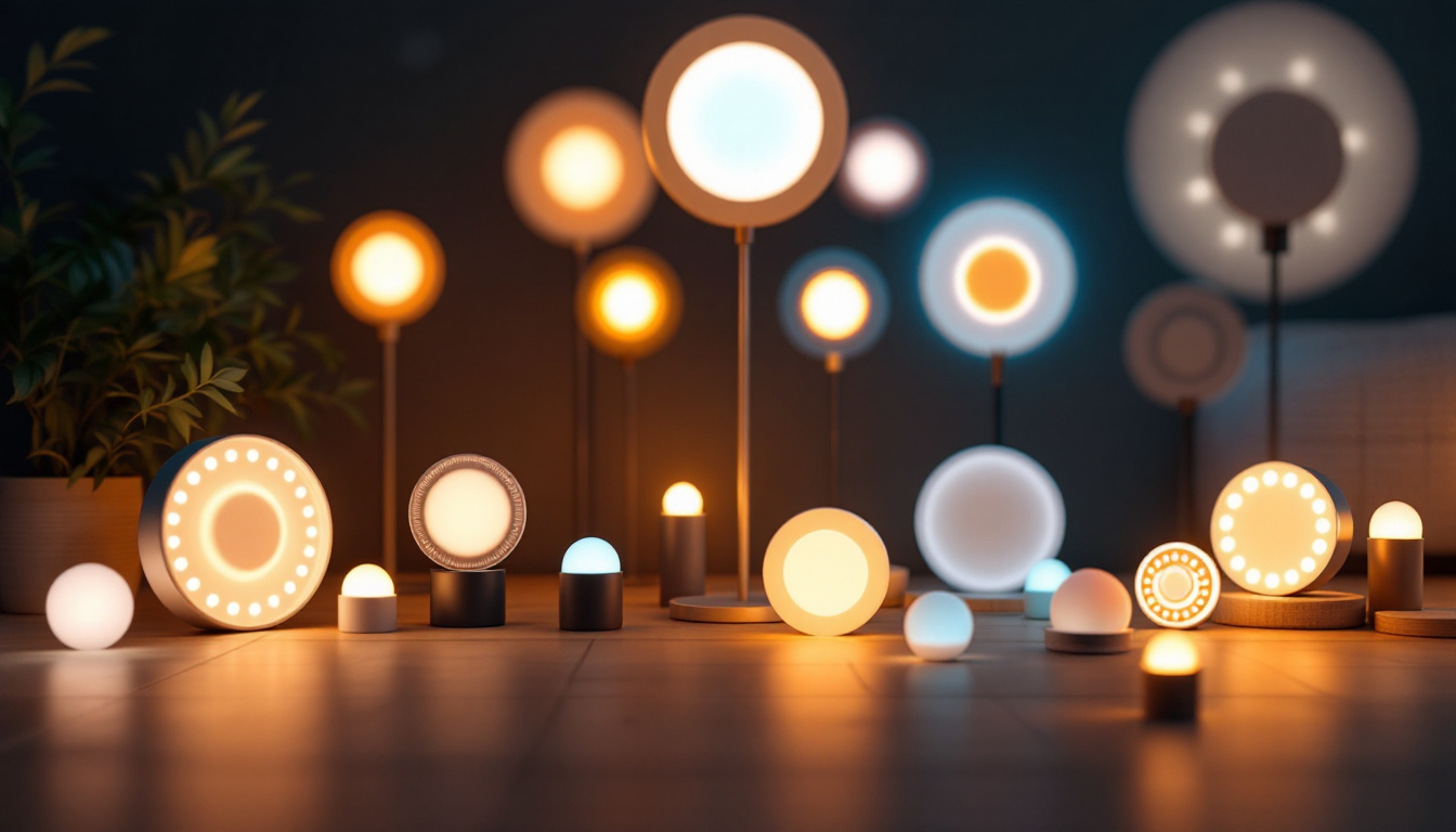 A photograph of a visually striking arrangement of various led round lights in different settings