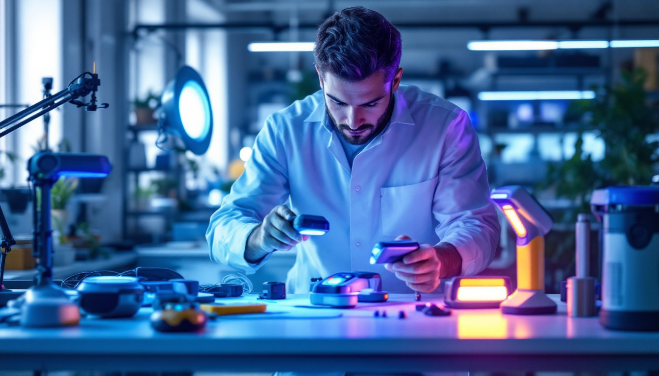 A photograph of a well-lit workspace featuring various uv light products