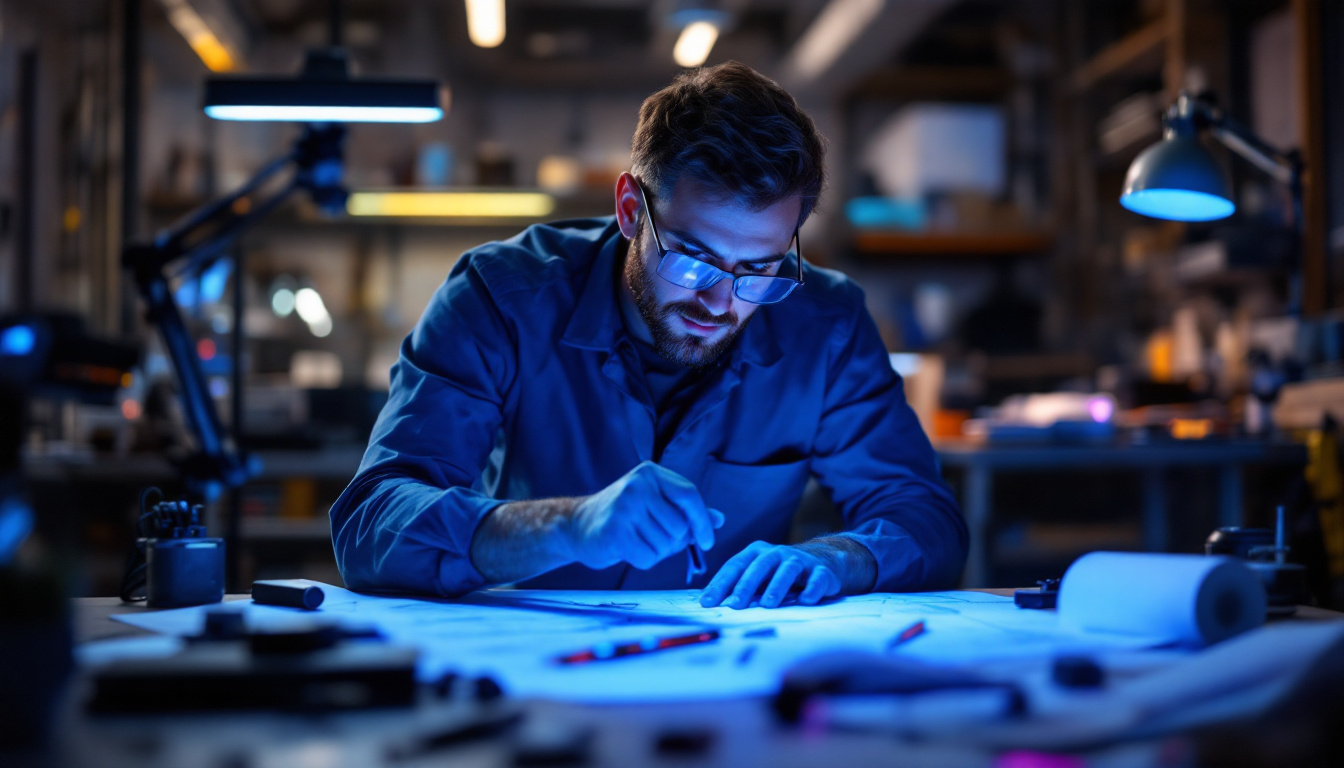 A photograph of a well-lit workspace featuring an electrical engineer analyzing uv c light fixtures