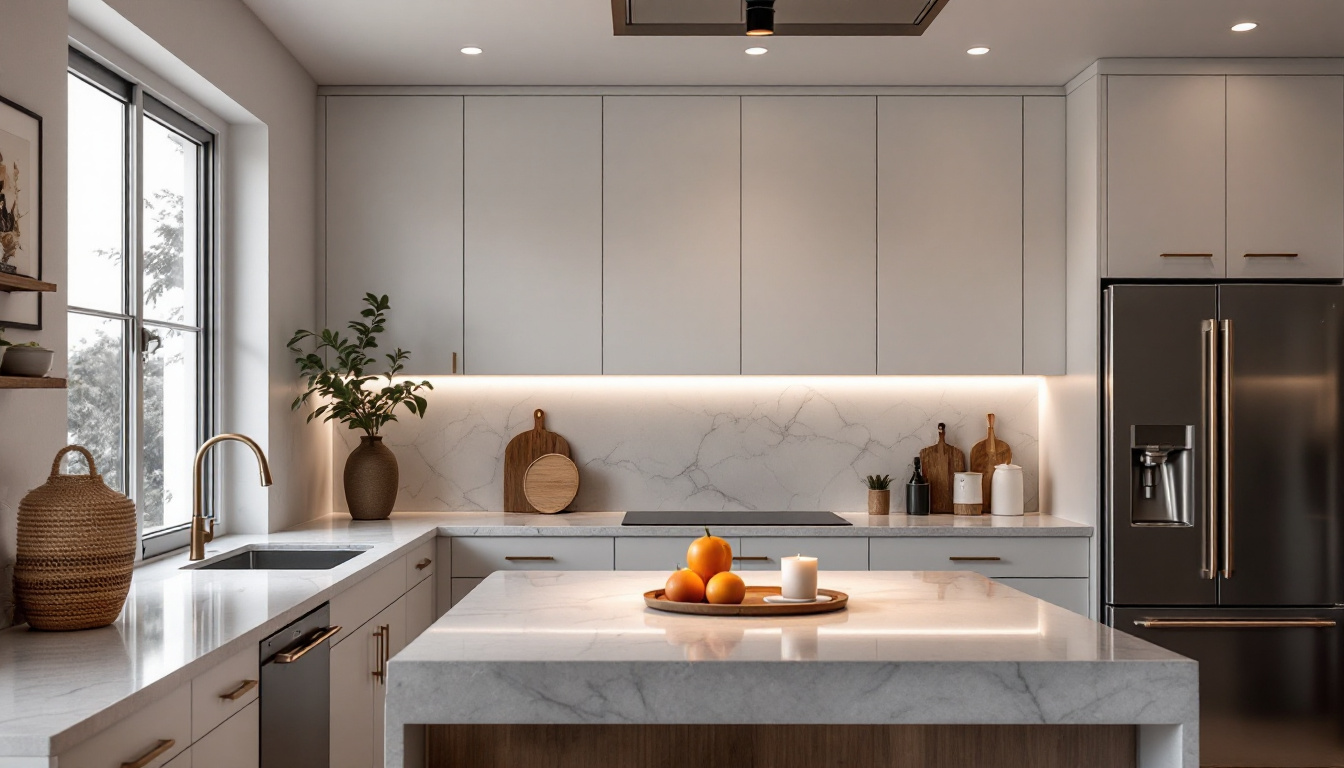 A photograph of a beautifully designed kitchen featuring recessed lighting