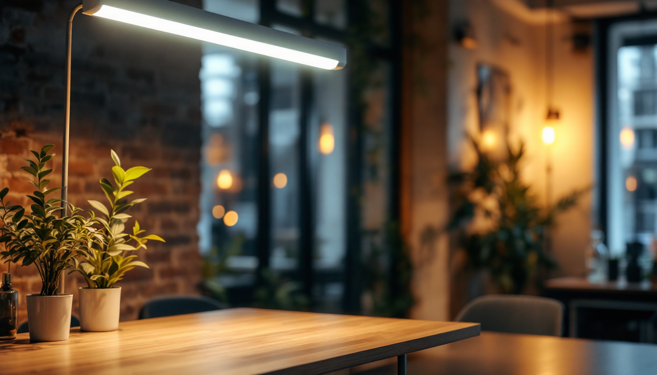 A photograph of a well-lit workspace featuring a t8 led fixture