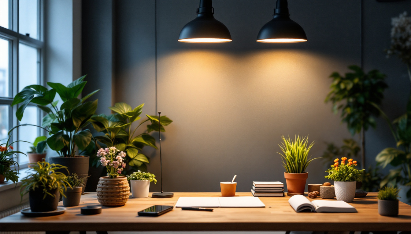 A photograph of a well-lit workspace featuring 4-foot shop lights in use