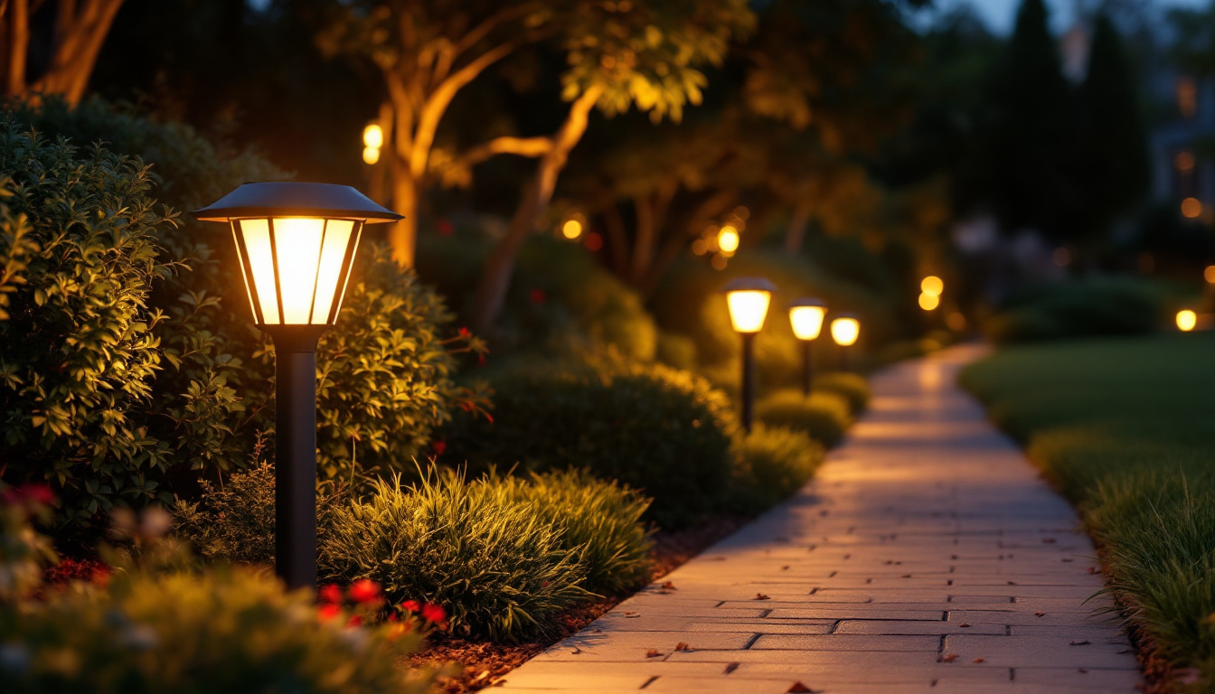 A photograph of a beautifully lit outdoor pathway featuring various styles of solar walk lights