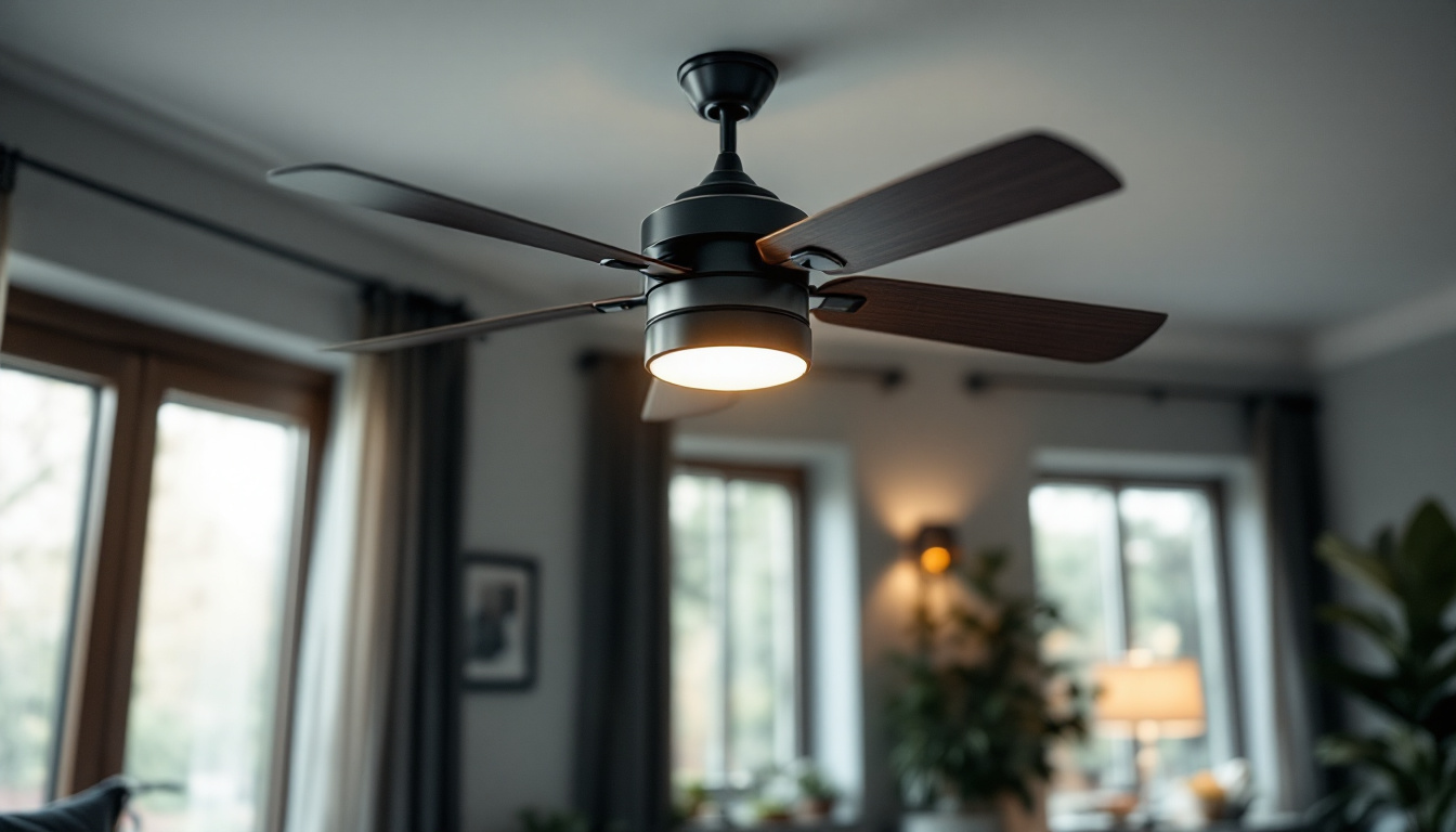 A photograph of a stylish industrial ceiling fan in a well-lit