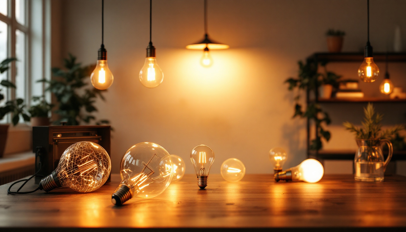 A photograph of a well-lit room featuring various types of 4 ft light bulbs in use