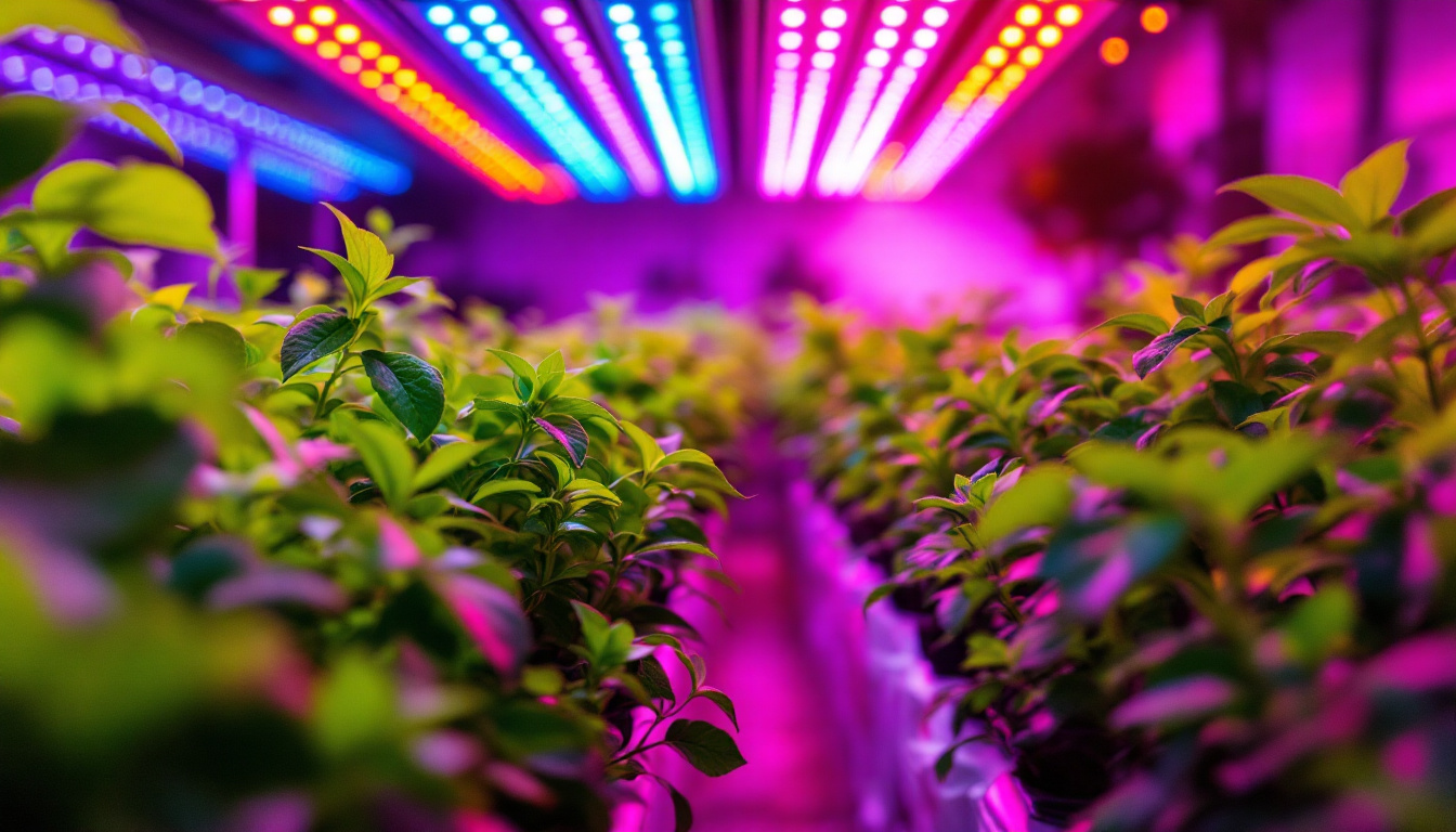 A photograph of a vibrant indoor garden illuminated by an array of led grow lights