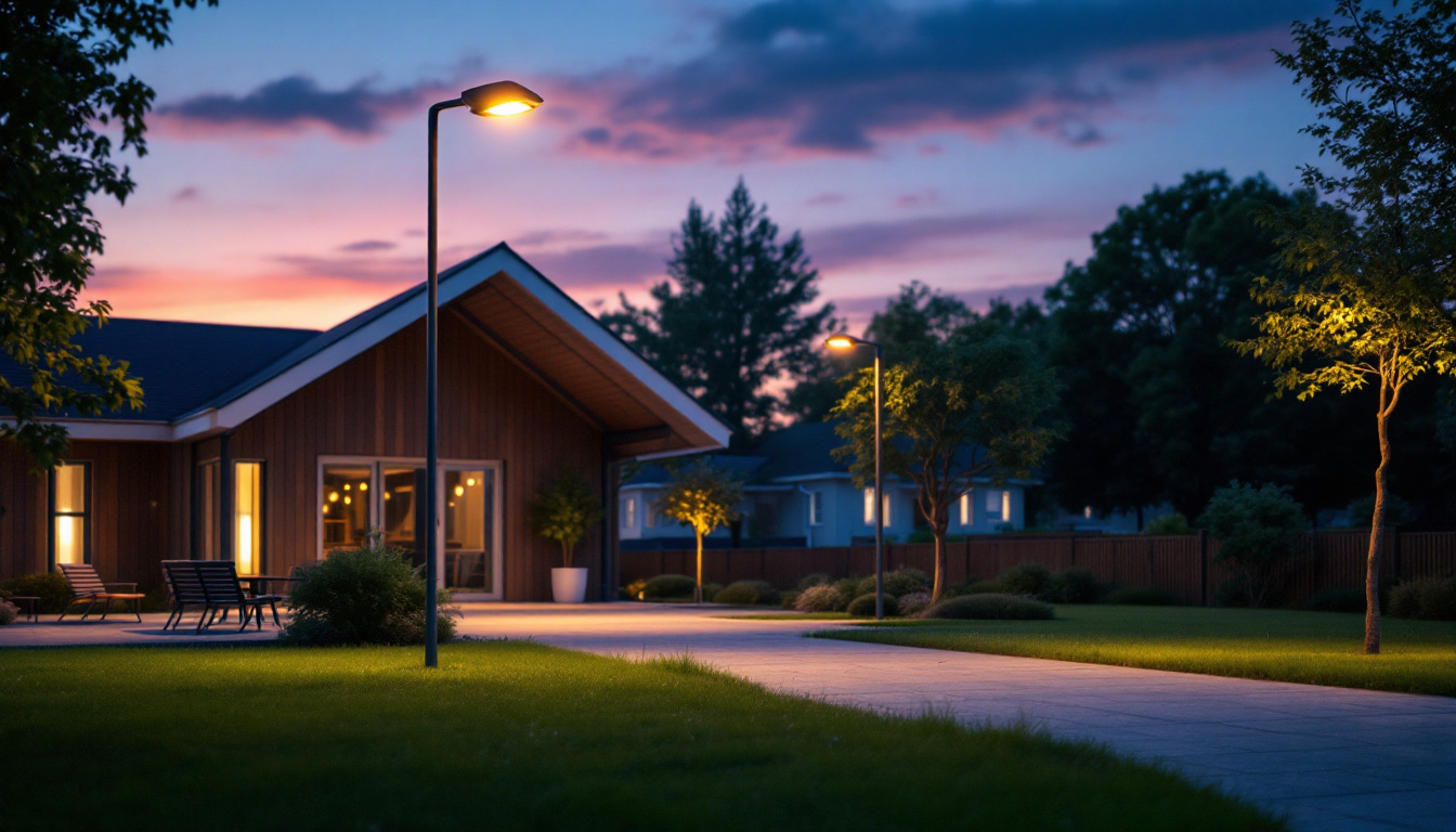 A photograph of a vibrant outdoor scene illuminated by led flood lights at dusk