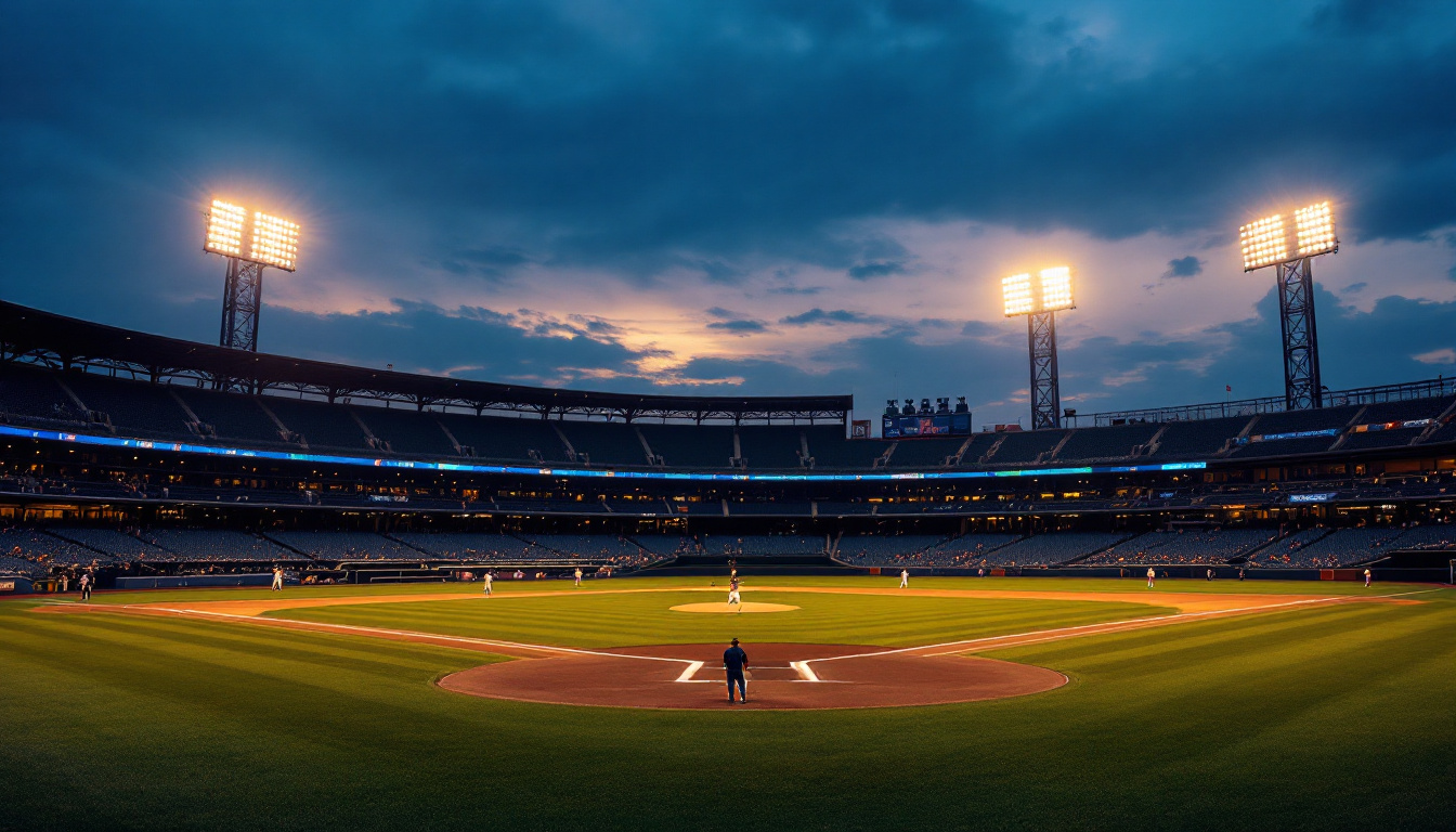 A photograph of a well-lit baseball field at dusk