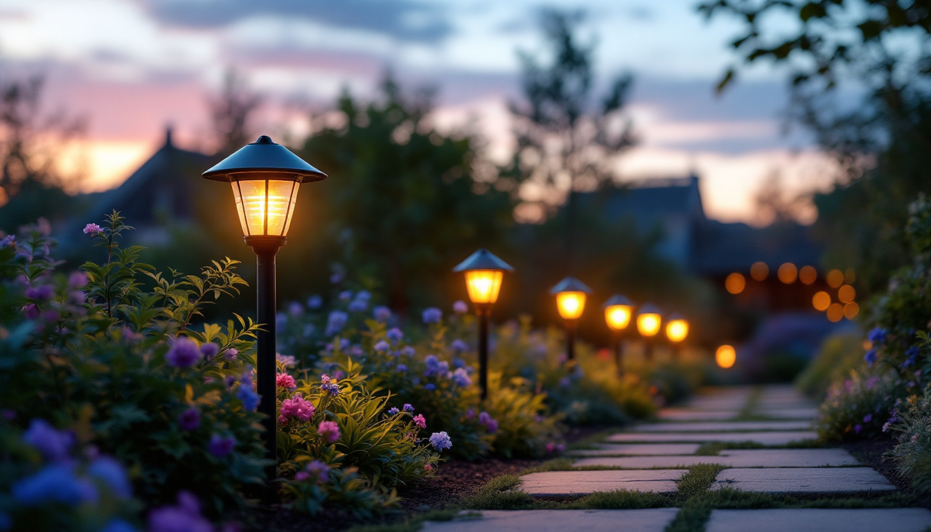 A photograph of a vibrant outdoor scene showcasing solar-powered lights illuminating a garden or pathway at dusk