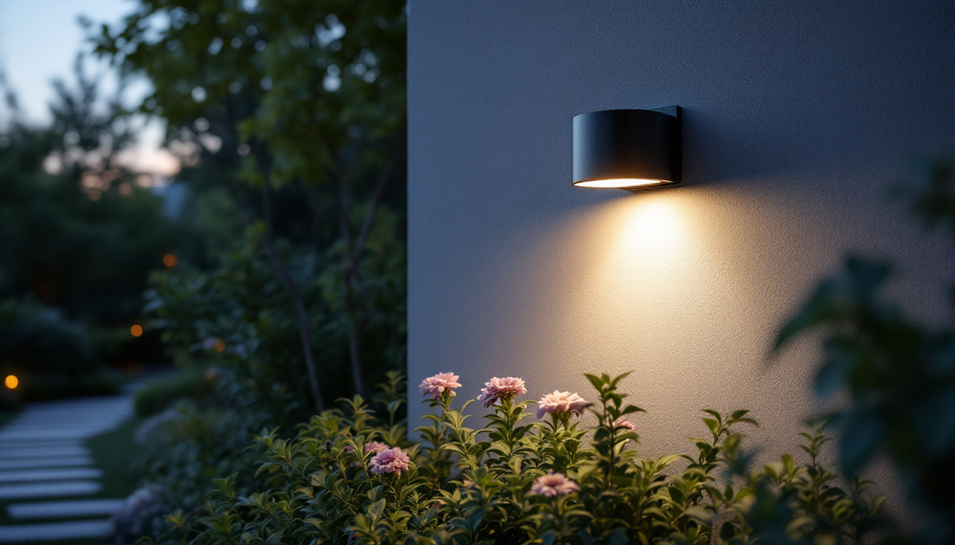 A photograph of a beautifully designed solar outdoor wall light installed in a serene garden setting at dusk